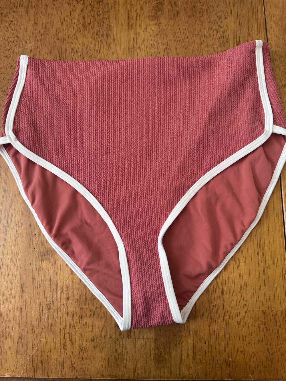 Calia High-Waist Leg Bikini Bottoms in Warm Terracotta White Trim NWT Medium